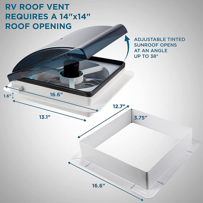 14” RV Roof Vent Fan, 12V 6-Speed Motorhome Fan with Intake - Smoked Lid