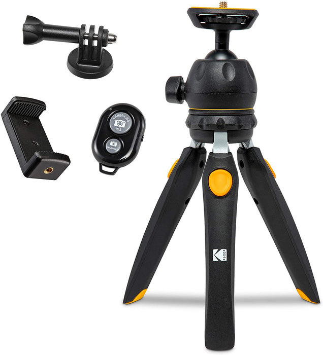 PhotoGear Mini Adjustable Tripod with Remote, 360° Ball Head, Compact 9” Tabletop Tripod,11” Selfie Stick, 5-Position Legs, Rubber Feet, Smartphone & Action Camera Adapters, E-Guide Included