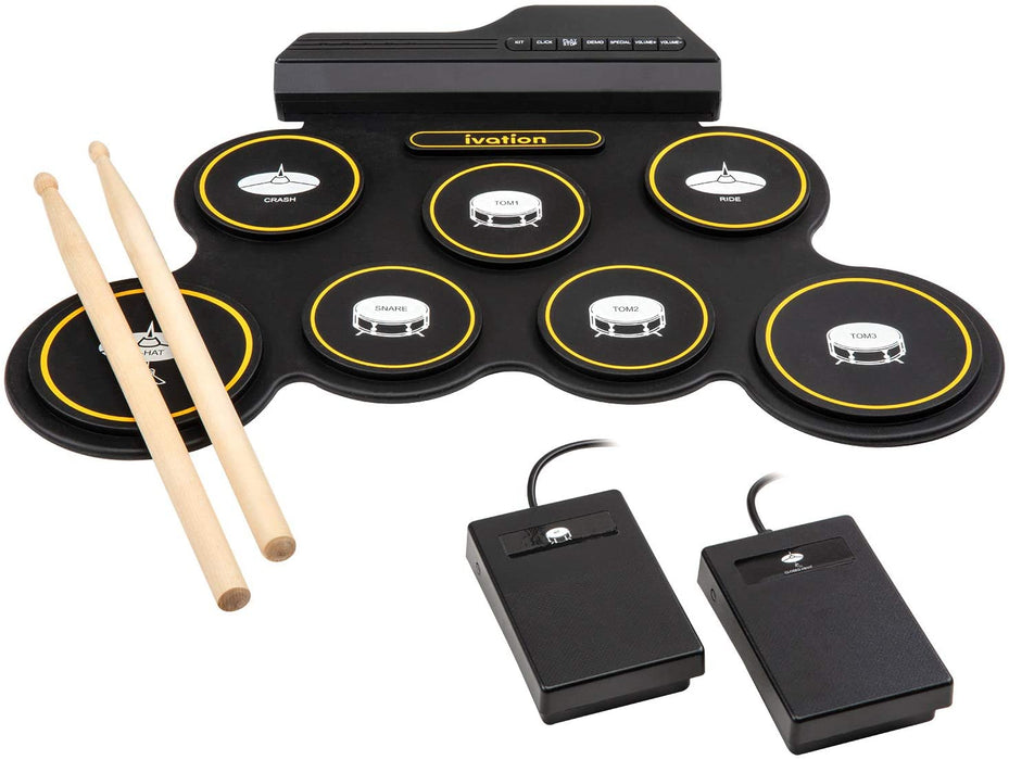 Portable Electronic Drum Pad - Digital Roll-Up Touch Sensitive Drum Practice Kit - 7 Labeled Pads 2 Foot Pedals Kids Children Beginners (No Speakers/AAA Battery Operated)