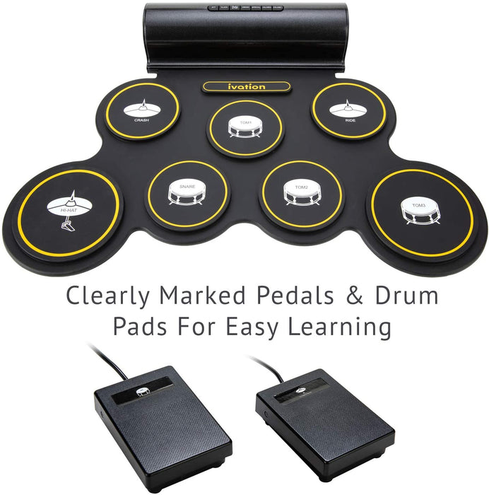 Portable Electronic Drum Pad - Digital Roll-Up Touch Sensitive Drum Practice Kit - 7 Labeled Pads 2 Foot Pedals Kids Children Beginners (with Speaker and Built in Rechargeable Battery)