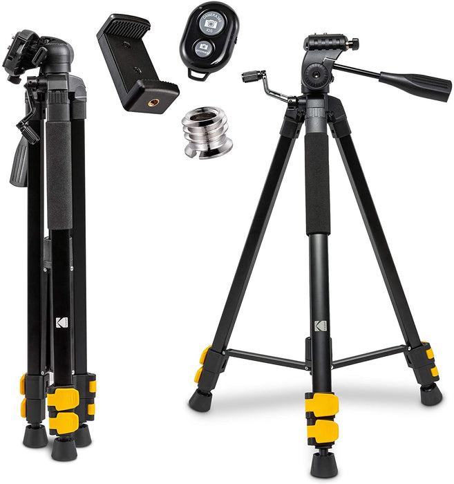 PhotoGear 62" Tripod with Remote | Compact 3-Section Flip-Lock Aluminum Tripod Adjusts 22"-62", QuickRelease Plate, Smartphone Adapter & 1/4" to 3/8" Screw, Bubble Level, Carry Case, & E-Guide