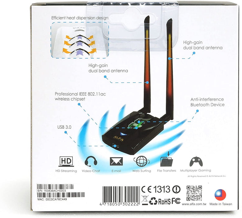 Long-Range Dual-Band AC1200 Wireless USB 3.0 Wi-Fi Adapter w/2x 5dBi External Antennas – 2.4GHz 300Mbps/5GHz 867Mbps – 802.11ac & A, B, G, N