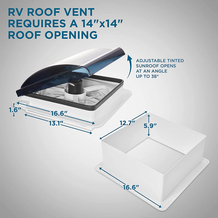 14” RV Roof Vent Fan, 12V Motorhome Vent Fan Manual Open/Close