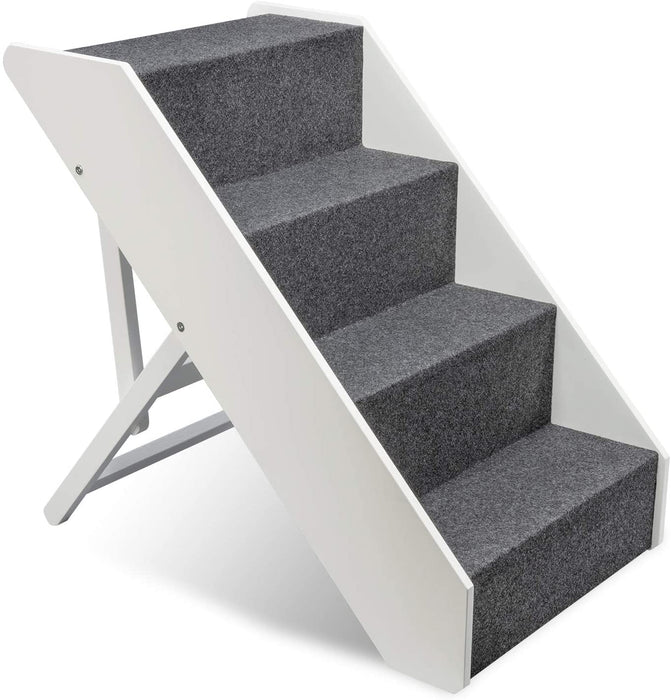 Wood Dog Stairs, 4 Levels Height Adjustment Wide Pet Steps, Foldable -  White