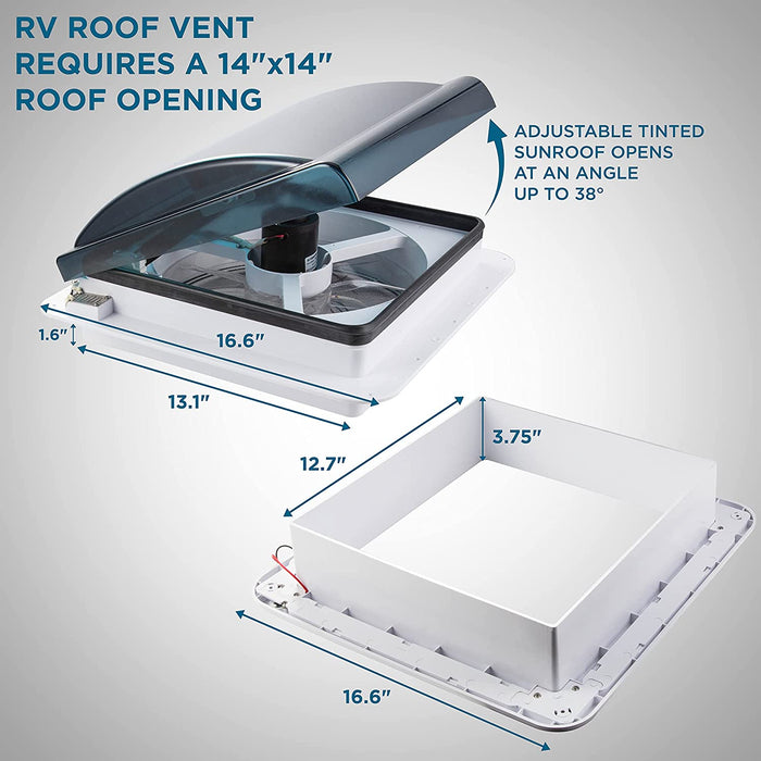 14” RV Roof Vent Fan with LED Light, 12V 6-Speed Motorhome Fan & Remote Control - Smoked Lid