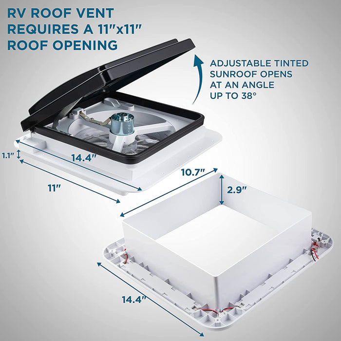 11” RV Roof Vent Fan with LED Light, 12V Motorhome Fan w/ 3 Speed Intake & Exhaust - Black
