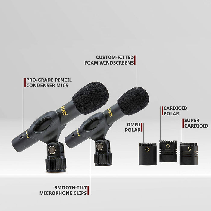 Stereo Pair Of Pencil Condenser Stick Microphones - Cardioid & Super Cardioid Capsules Included