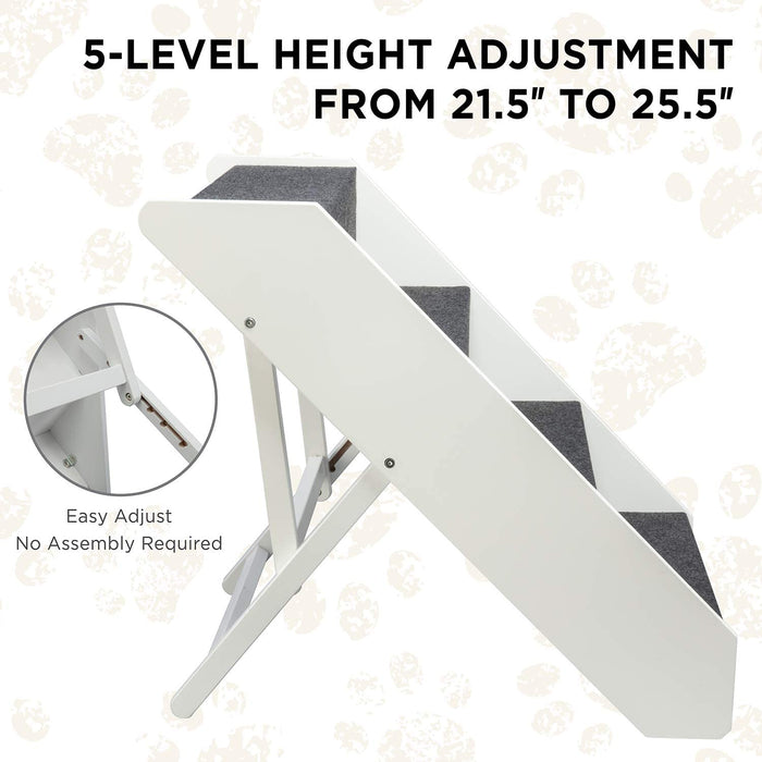 Wood Dog Stairs, 4 Levels Height Adjustment Wide Pet Steps, Foldable -  White