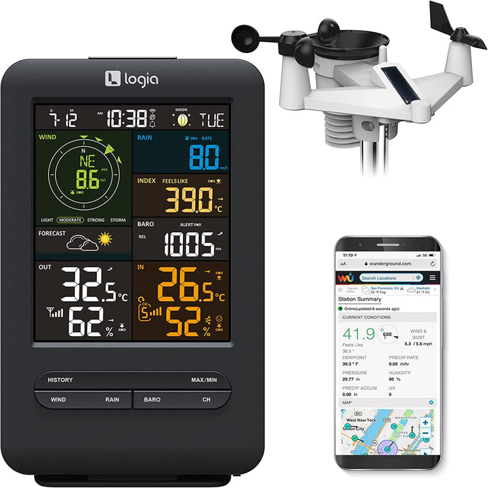 5-in-1 Wi-Fi Weather Station with Solar, Indoor/Outdoor Remote Monitoring System