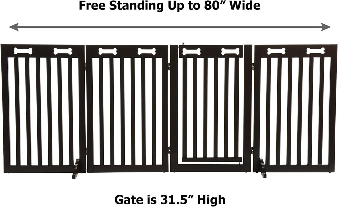 4-Panel Freestanding Wood Retractable Dog Gate with Walk Through House Door for Pet & Baby