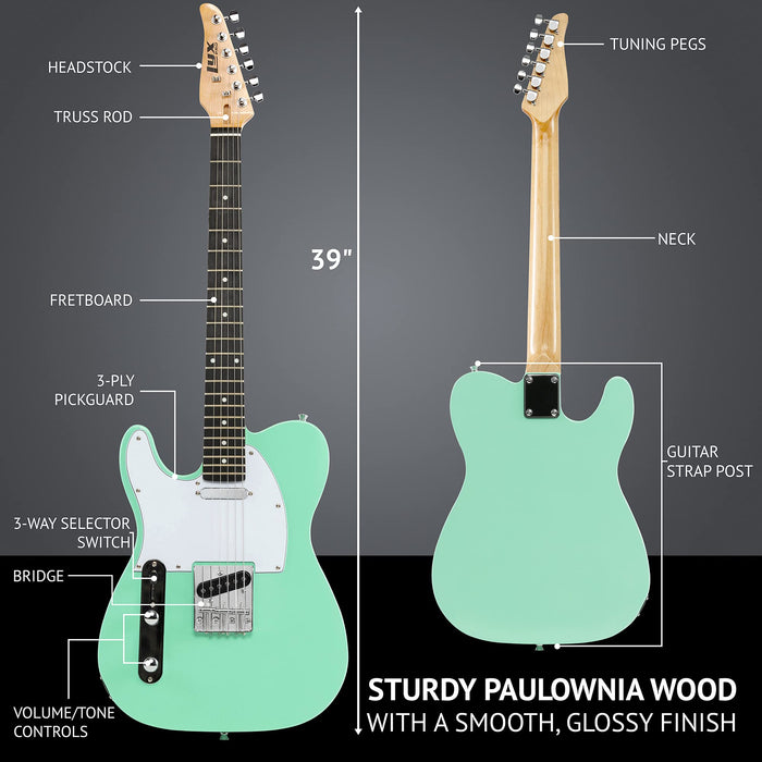 39" Left Handed Telecaster Electric Guitar, Full-Size Paulownia Body - Green