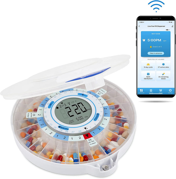 Smart WiFi Automatic Pill Dispenser, 28-Day Medication Organizer Up to 9 Doses Per Day with Locking Key