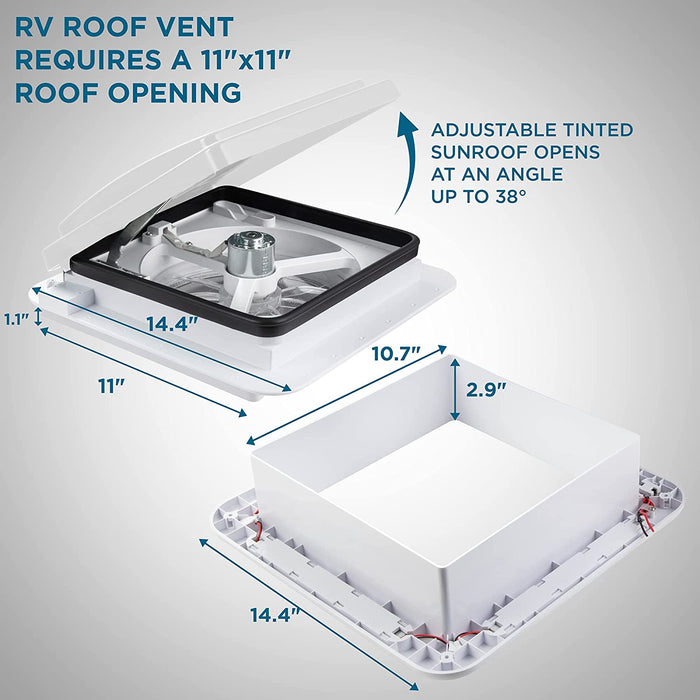 11” RV Roof Vent Fan with Light – 12V Motorhome Fan w/ 3 Speed Intake & Exhaust