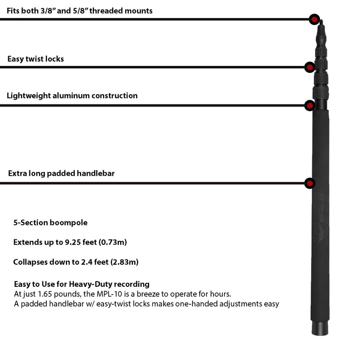 Portable Telescoping Microphone Boom Pole Arm MPL-10 Professional