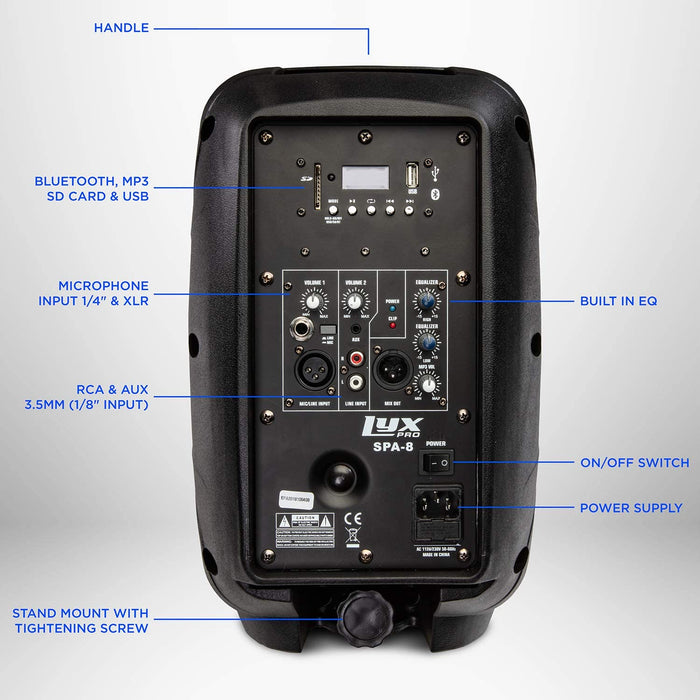 SPA-8 Compact 8" Portable PA System 100-Watt RMS Power Active Speaker System Equalizer Bluetooth