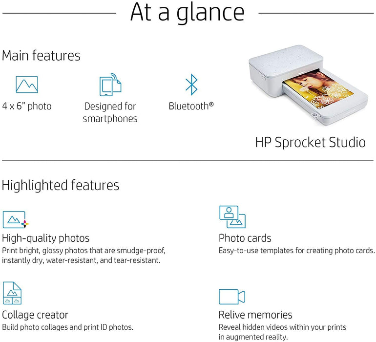 HP Sprocket Studio Photo Printer – Personalize & Print, Water- Resistant 4"x6" Pictures (HPISPSUS)