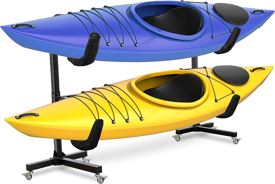 Kayak Storage Rack, Indoor & Outdoor Freestanding Storage for 2 Kayak with Wheels