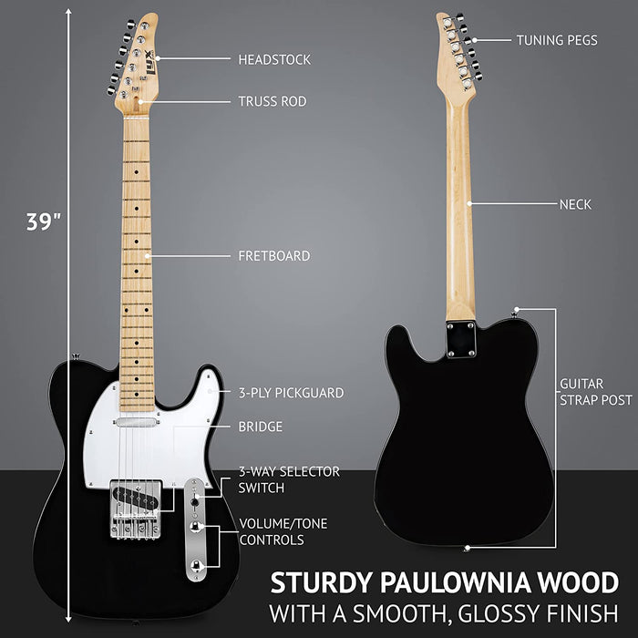 39" Telecaster Electric Guitar, Full-Size Paulownia Body - Black
