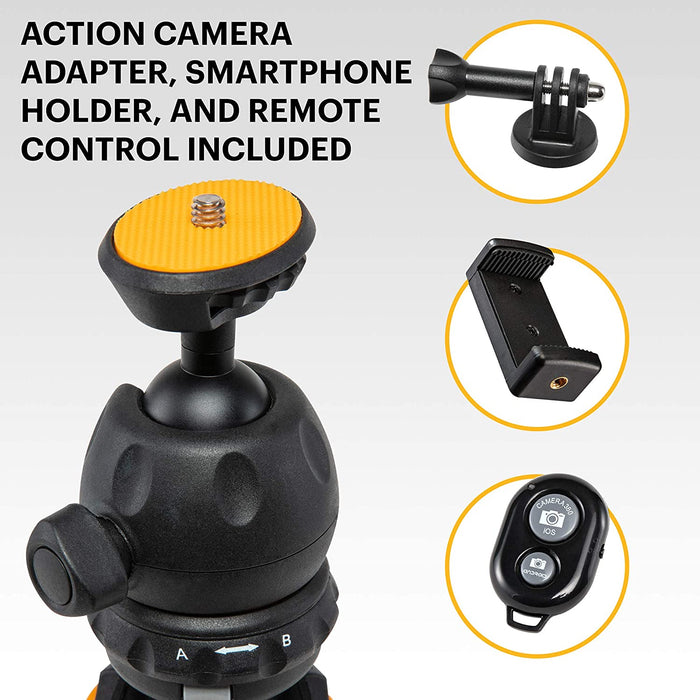 PhotoGear Mini Adjustable Tripod with Remote, 360° Ball Head, Compact 9” Tabletop Tripod,11” Selfie Stick, 5-Position Legs, Rubber Feet, Smartphone & Action Camera Adapters, E-Guide Included