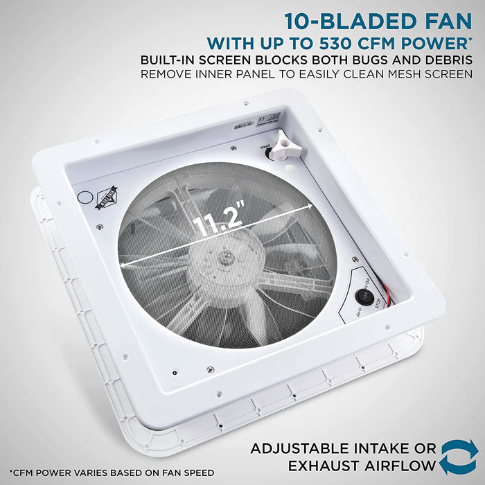 14” RV Roof Vent Fan, 12V Vent Fan, Intake & Exhaust, Manual Open/Close & White Lid
