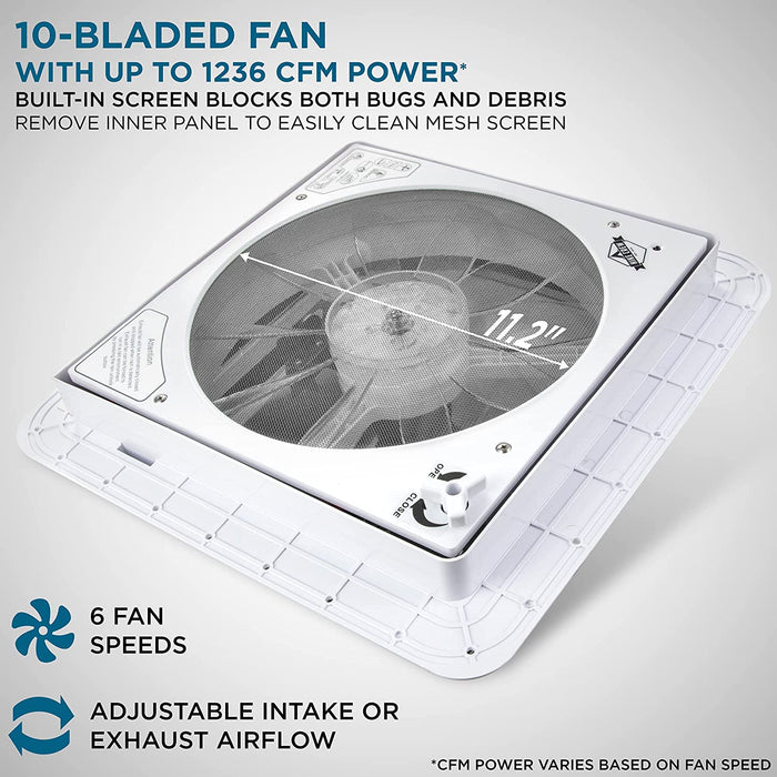 14” RV Roof Vent Fan with LED Light, 12V 6-Speed Motorhome Fan, Remote, Auto Temperature