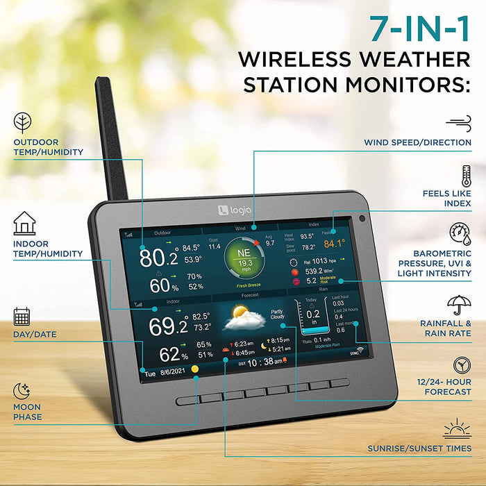 7-in-1 Wireless Self-Charging Weather Station with Wi-Fi®, Solar Cell & 7” HD Color Display Console