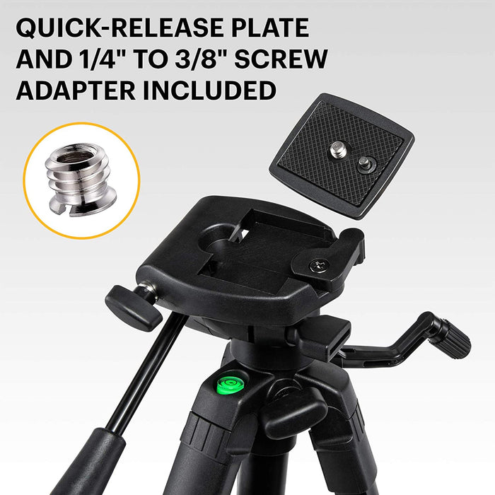 PhotoGear 62" Lightweight Tripod | Compact 3-Section Flip-Lock Aluminum Tripod Adjusts 22”-62”, QuickRelease Plate, Smartphone Adapter & 1/4” to 3/8” Screw, Bubble Level, Carry Case, E-Guide