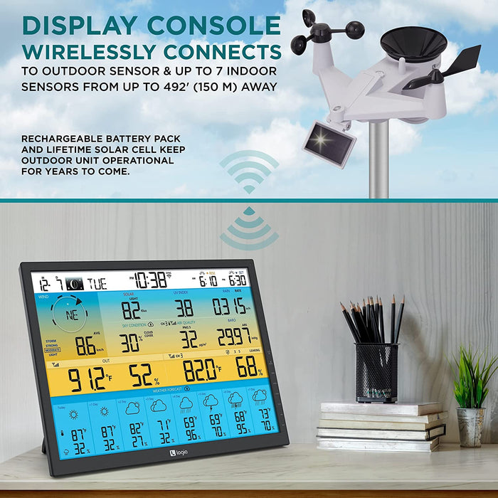7-in-1 Wireless Weather Station with 8-Day Forecast, Wi-Fi, Solar Cell & Large Color Display Console