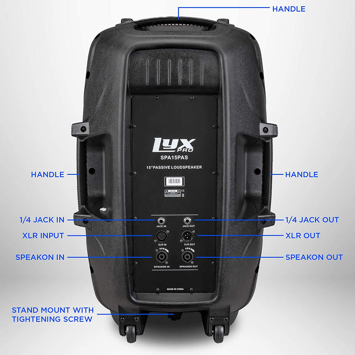 15" Passive DJ PA Speaker System XLR,1/4,Speakon, Connections Daisy Chain Compatible, 8 Ohm, Lightweight, Stand Mountable