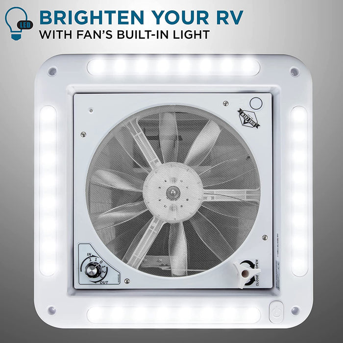 14” RV Roof Vent Fan with LED Light, 12V Motorhome Fan w/ 3 Speed Intake & Exhaust