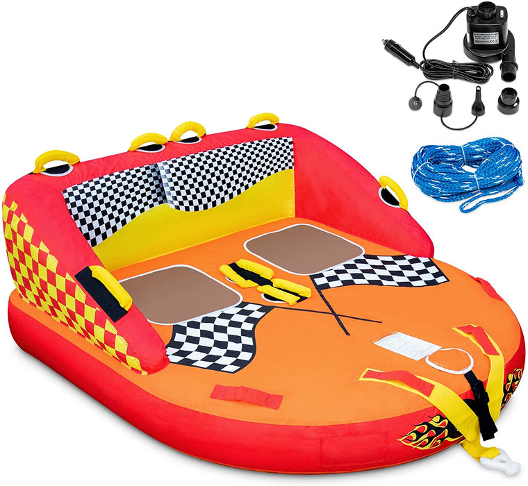 Towable Water Tube, 2 Seats, Red Waterskiing Towables, 12V Air Pump & Tow Rope Included