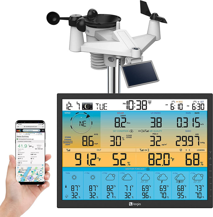 7-in-1 Wireless Weather Station with 8-Day Forecast, Wi-Fi, Solar Cell & Large Color Display Console
