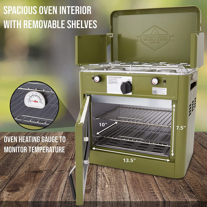 2-in-1 Camping Oven and Dual Propane Burner Camping Stove with Auto Ignitor and Thermometer, Green