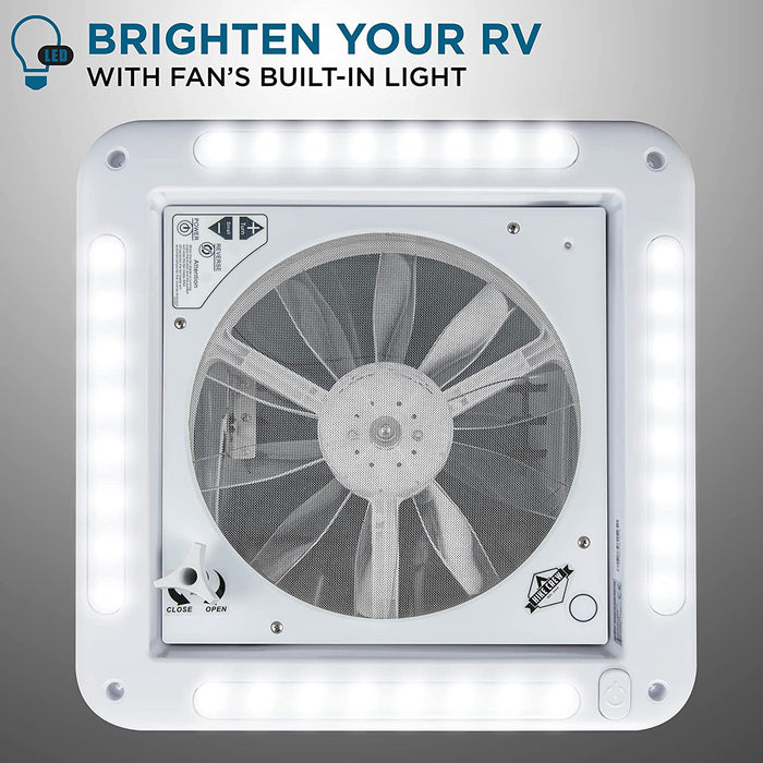 14” RV Roof Vent Fan with LED Light, 12V 6-Speed Motorhome Fan with Intake & Exhaust & Manual Open/Close