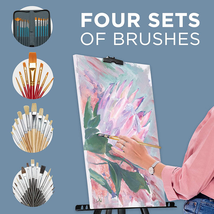 131-Piece Painting Kit,Professional Artistic Set w/ 72 Oil, Acrylic & Watercolor Paints, Color Wheel & Palette, Wooden Desk & Standing Easel, 8 Canvases, 4 Sketch Books & 4 Brush Sets