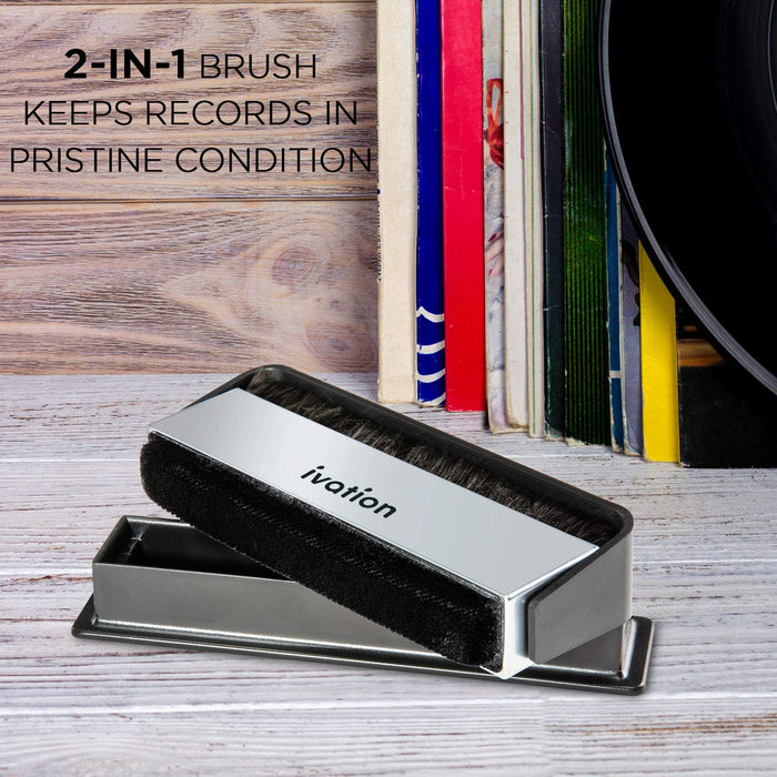 2-in-1 Vinyl Record Cleaning Brush with Carbon Fiber and Velvet Brushes Includes Swivel Cover & Stand for Secure Storage