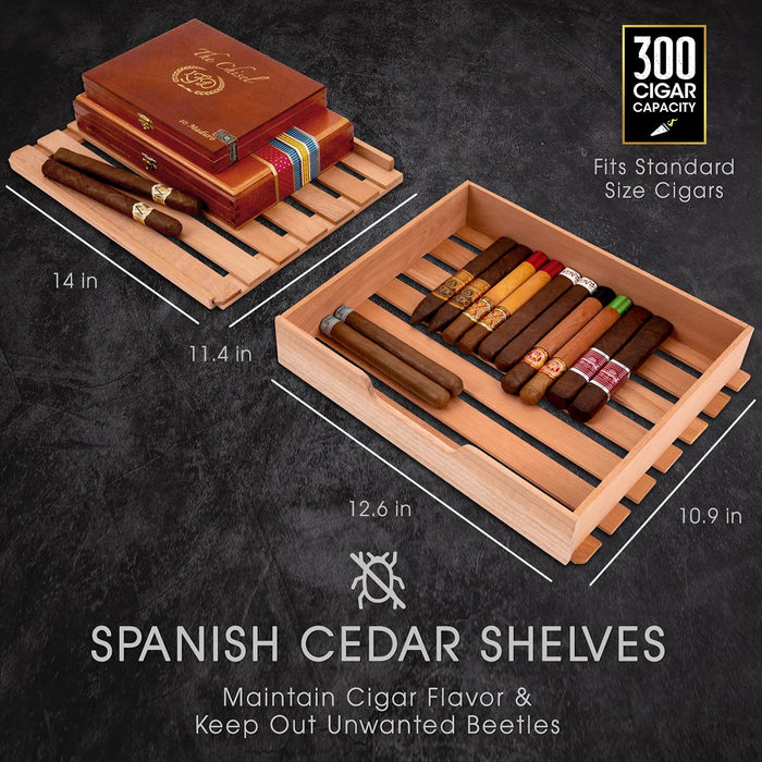 300 Cigar Humidor, Cigar Humidifier, Cigar Box & Cigar Hygrometer for Black, Mild and Cuban Cigars