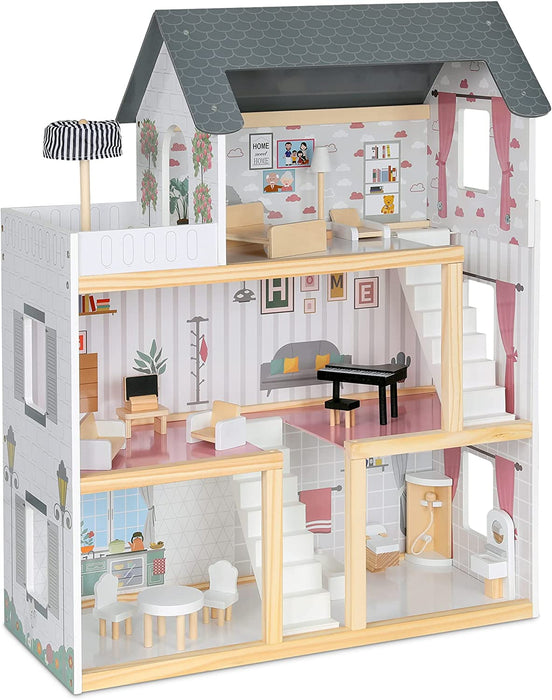 Kids Wooden Dollhouse, 17-Piece Accessories & Furniture are Included