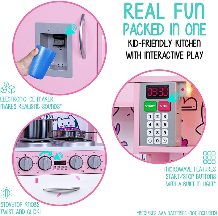 Lil' Jumbl Kids Kitchen Set, Pretend Wooden Play Kitchen with Chalk Board,  Play Phone, Towel Rack & Ice Dispenser, Clicking Knobs, Pots & Utensils