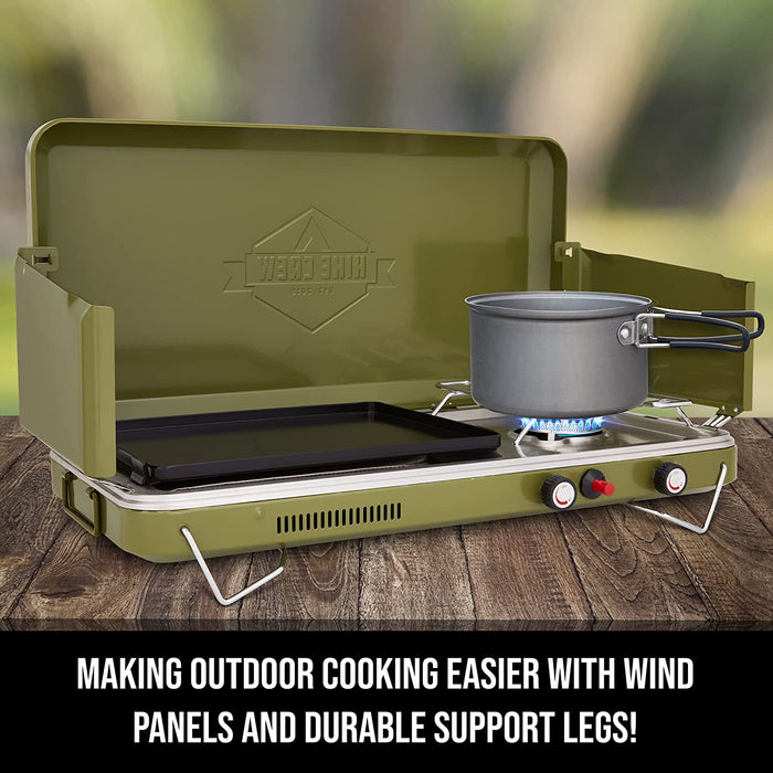 2-in-1 Gas Camping Stove, Portable Grill & Camp Stove, Propane Burner W/ Integrated Igniter, Green