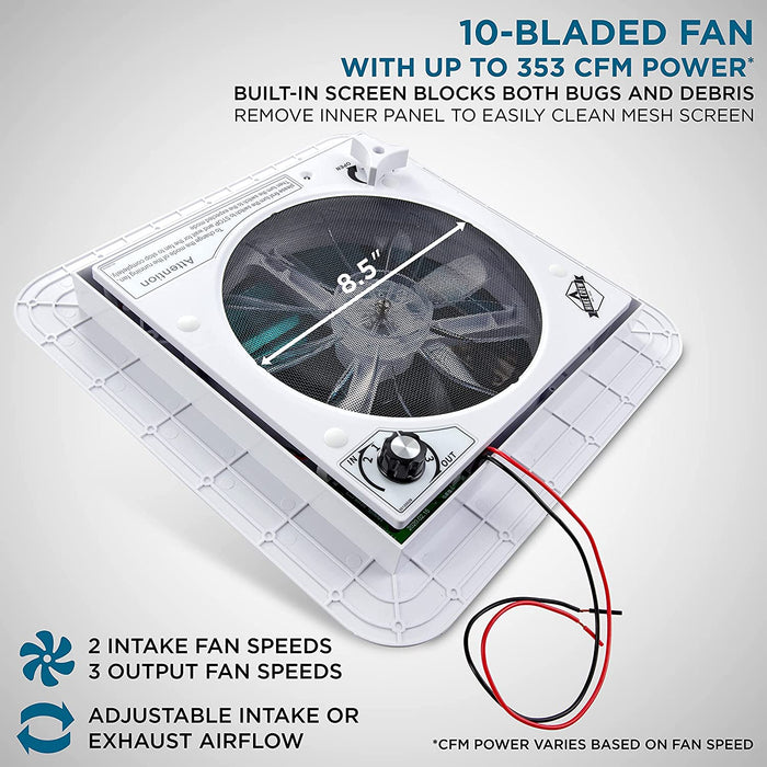 11” RV Roof Vent Fan with LED Light, 12V Motorhome Fan w/ 3 Speed Intake & Exhaust - Black