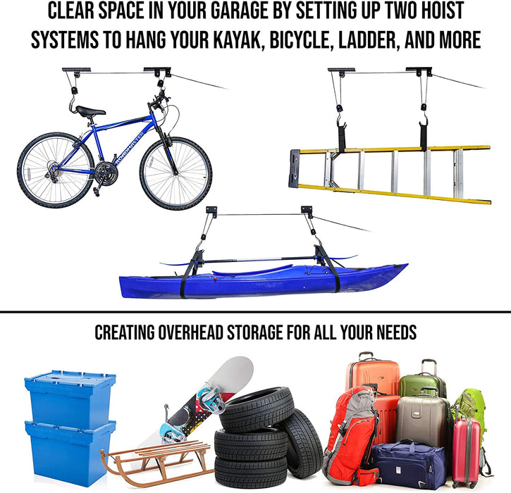 Kayak Hoist & Bike Ceiling Hoist Pulley System, Garge Storage Hanger Rack for Canoes, Paddleboards, Boats, Bicycles, Ladder’s, Heavy Duty 121 Lb. Capacity, Pack of 2 Overhead Rack’s