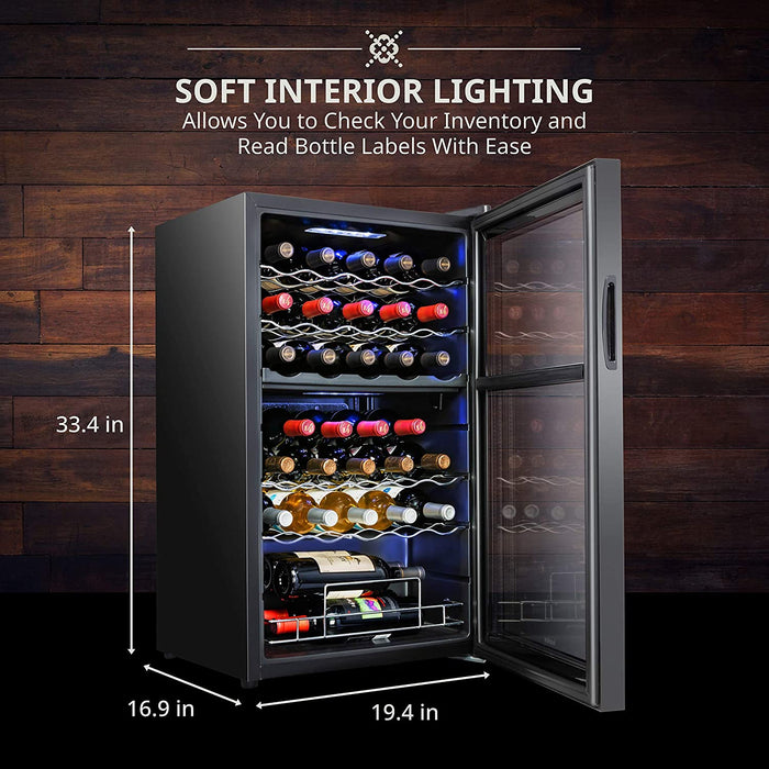 33 Bottle Dual Zone Wine Cooler, Freestanding Wine Refrigerator w/Lock