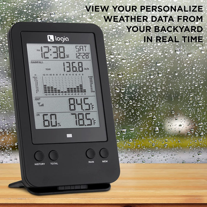 Logia 3-in-1 Rain Gauge Weather Station w/ Temperature & Humidity, Indoor/Outdoor Weather Monitoring System