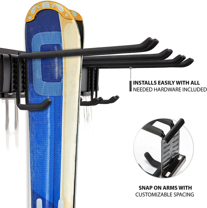 Ski Wall Rack, Holds 4 Pairs of Skis & Skiing Poles or Snowboard w/Adjustable Rubber-Coated