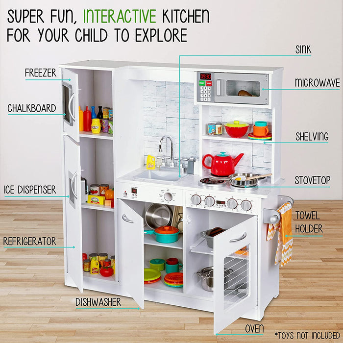 Kitchen Set for Kids, Pretend Wooden Play Kitchen Set Realistic Sound, Pots & Pan