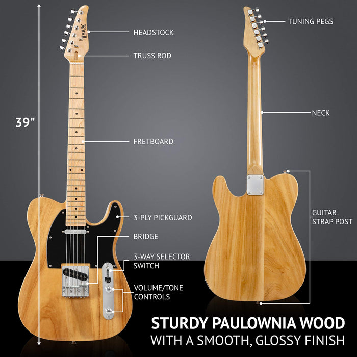 39" Telecaster Electric Guitar, Full-Size Paulownia Body - Natural