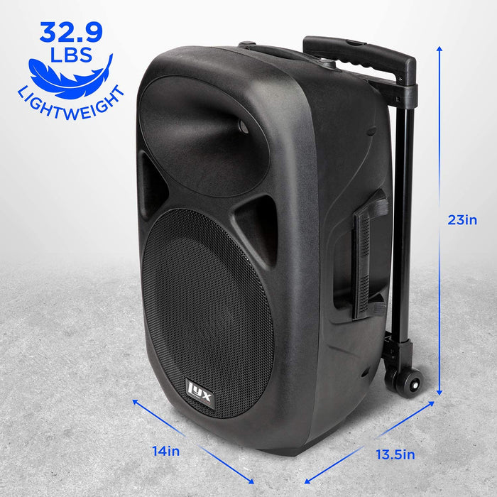 12'' Active PA Rechargeable Battery Speaker System, Foldable Carry Handle, Easy Carry Wheels & 2 Wireless Microphones