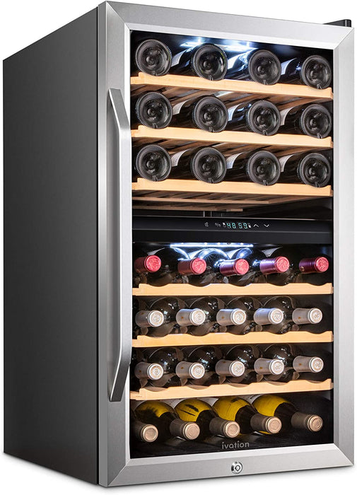 43 Bottle Dual Zone Wine Fridge, Freestanding Stainless Steel Wine Refrigerator w/Lock