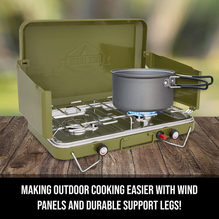 Dual Propane Burner Camping Stove, Portable Stove W/ Integrated Igniter, Handle & Wind Panels, Green